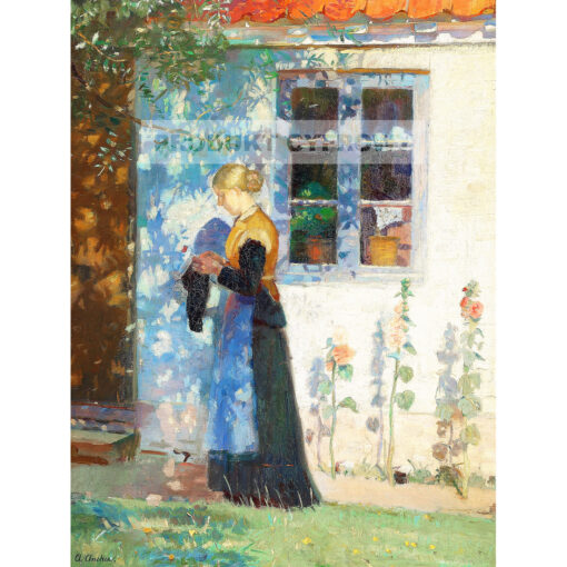 Anna Ancher Młoda dziewczyna z robótkami na drutach przed domem w Skagen — produkt cyfrowy do pobrania