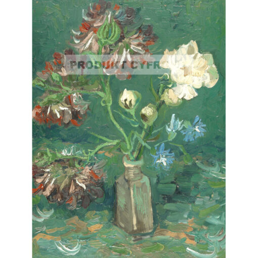 Vincent van Gogh Butelka z piwoniami i niebieskim delphinium — produkt cyfrowy do pobrania