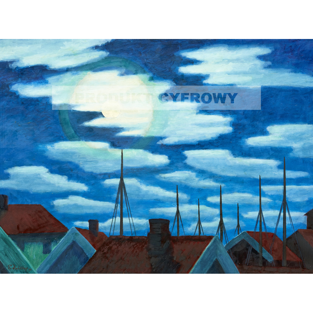 Ewald Dahlskog Blask księżyca nad dachami — produkt cyfrowy do pobrania