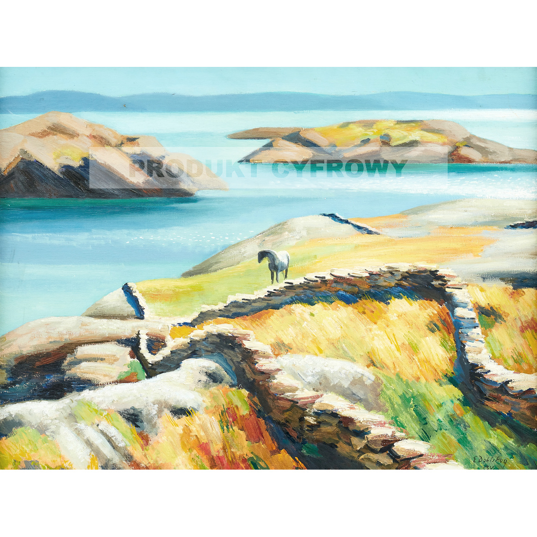 Ewald Dahlskog Pasący się koń w pejzażu nadmorskim — produkt cyfrowy do pobrania