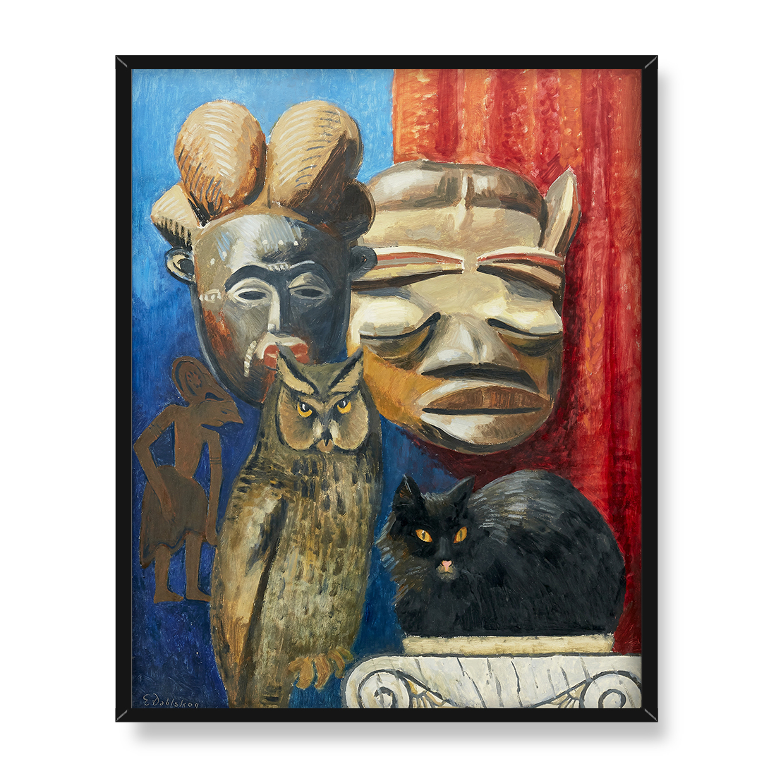 Ewald Dahlskog Sowa i kot przy afrykańskich maskach 40x50 w RAMIE