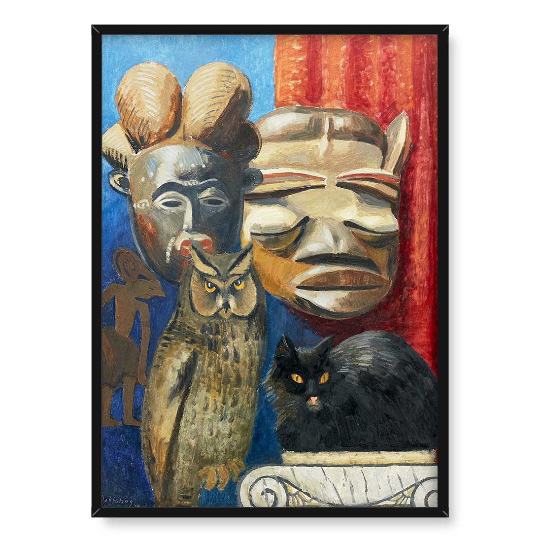 Ewald Dahlskog Sowa i kot przy afrykańskich maskach 50x70