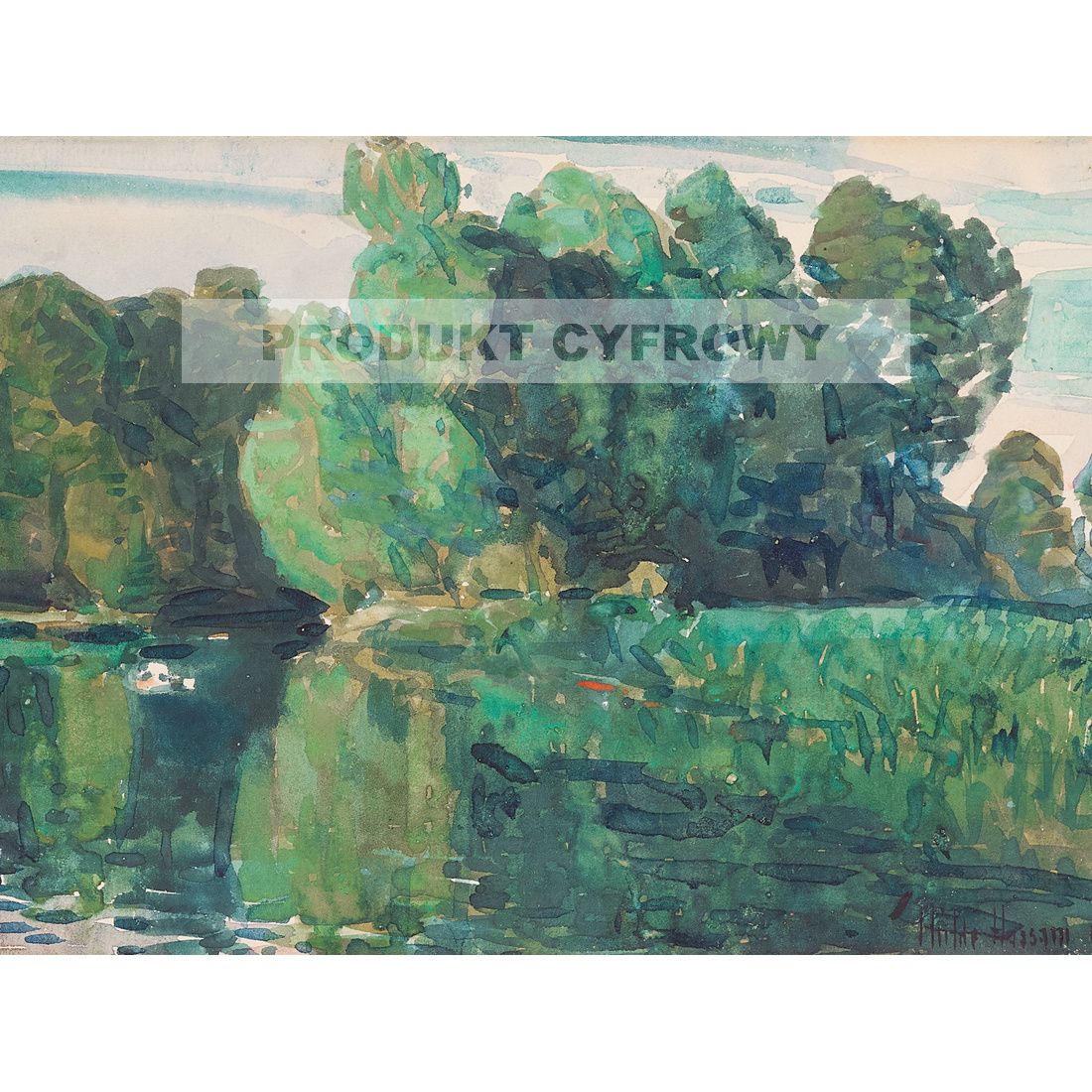 Frederick Childe Hassam Drzewa nad jeziorem — produkt cyfrowy do pobrania