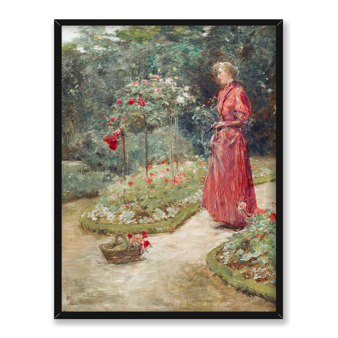 Frederick Childe Hassam Kobieta ścinająca róże w ogrodzie 30x40