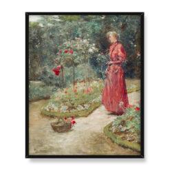 Frederick Childe Hassam Kobieta ścinająca róże w ogrodzie 40×50