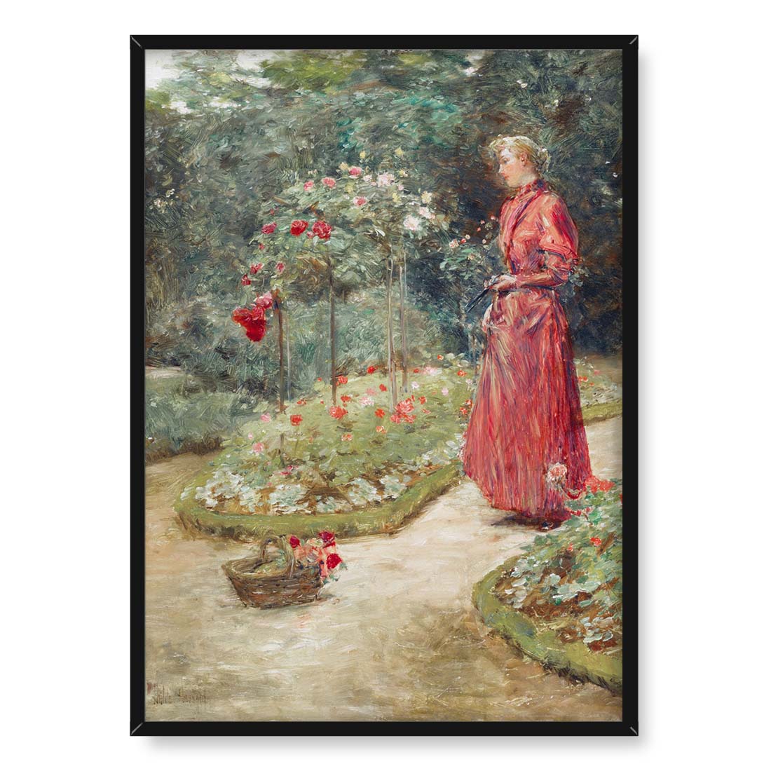 Frederick Childe Hassam Kobieta ścinająca róże w ogrodzie 50x70