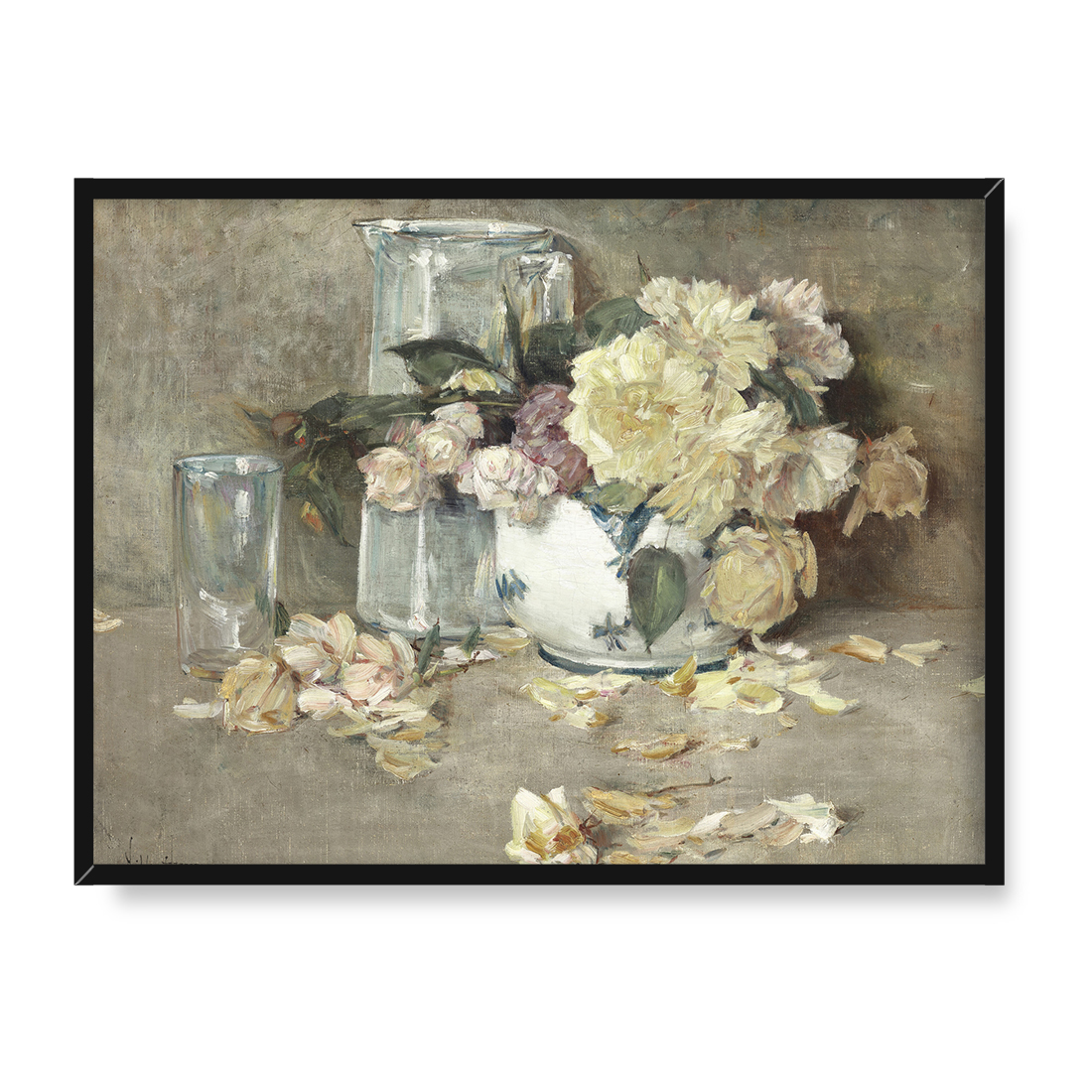 Frederick Childe Hassam Martwa natura z różami szklanym dzbankiem i miską 30x40
