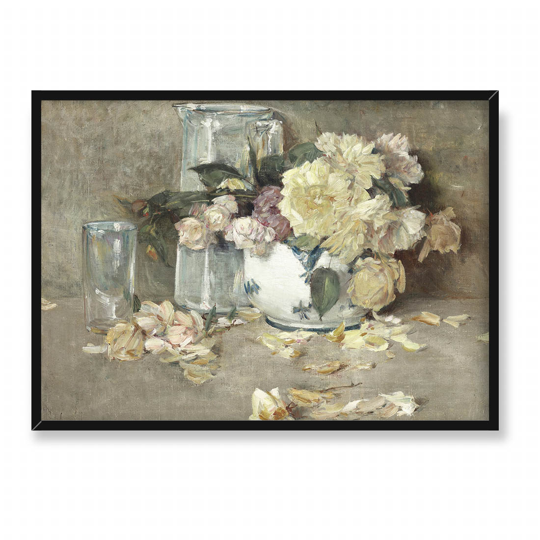 Frederick Childe Hassam Martwa natura z różami szklanym dzbankiem i miską 70x50