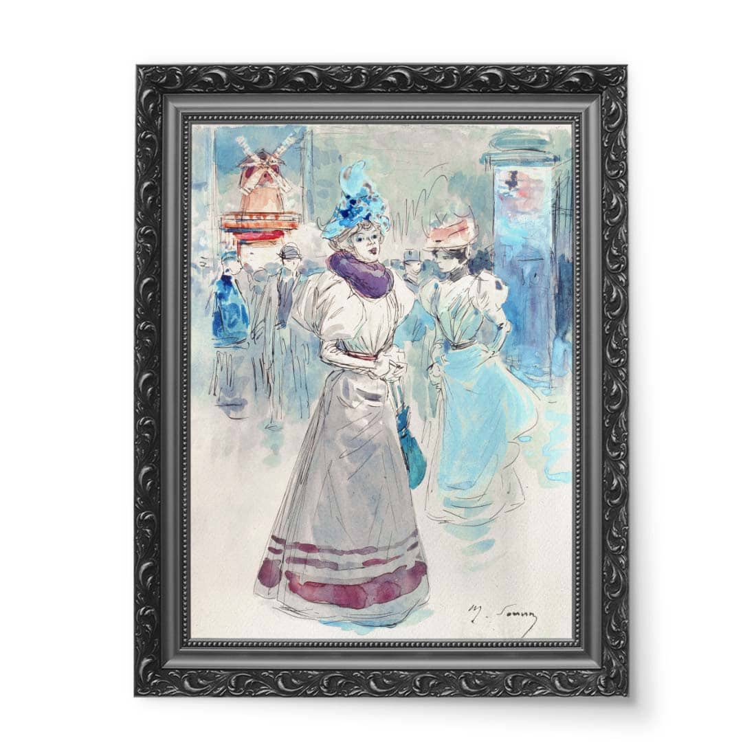 Henry Somm Kobieta w niebieskim kapeluszu przed Moulin Rouge wydruk na płótnie 50x70