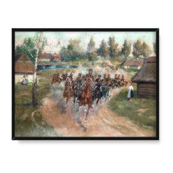 Jerzy Kossak Jadą ułani przez wieś 30×40