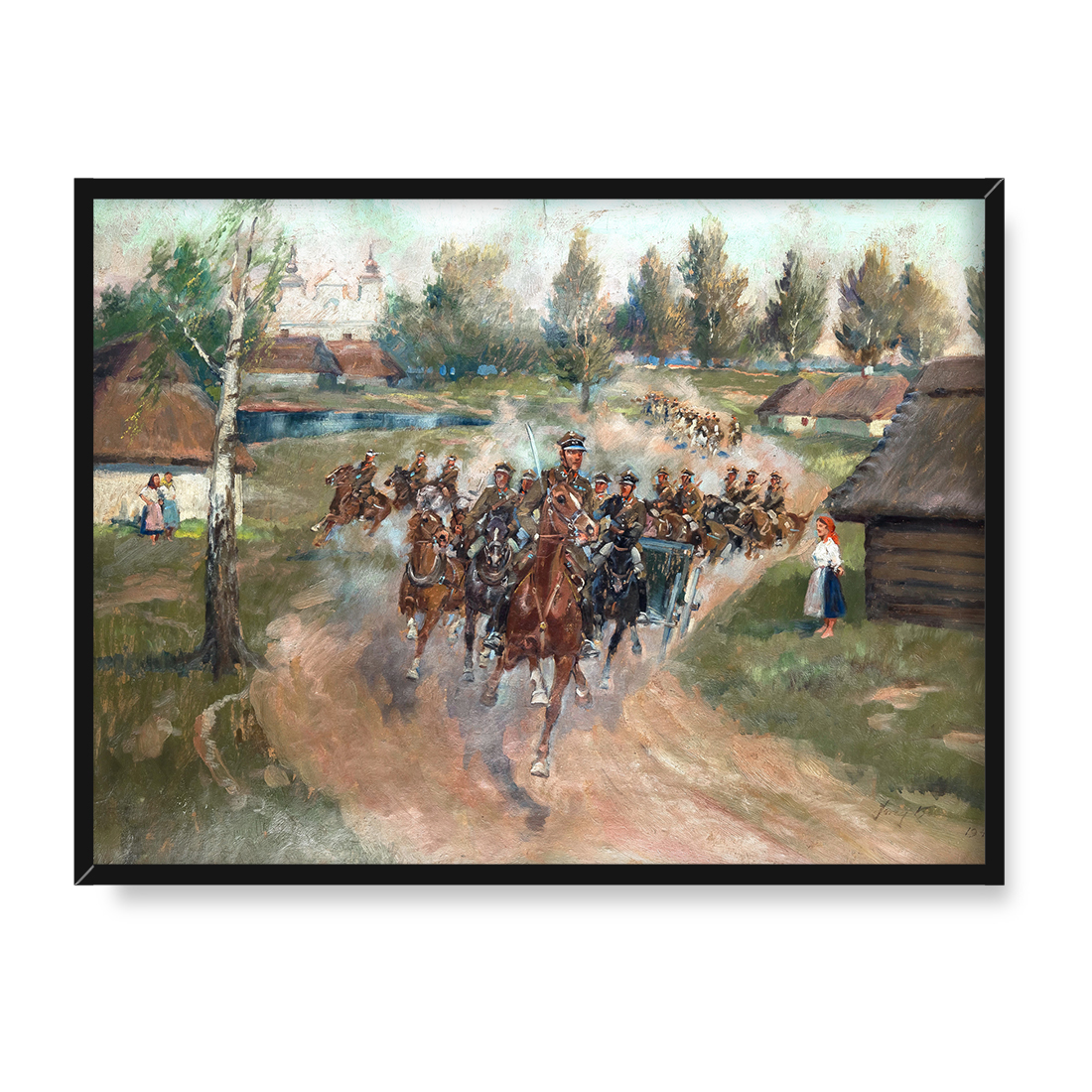 Jerzy Kossak Jadą ułani przez wieś 30x40