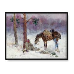 Jerzy Kossak Odpoczywający żołnierz i jego koń 30×40