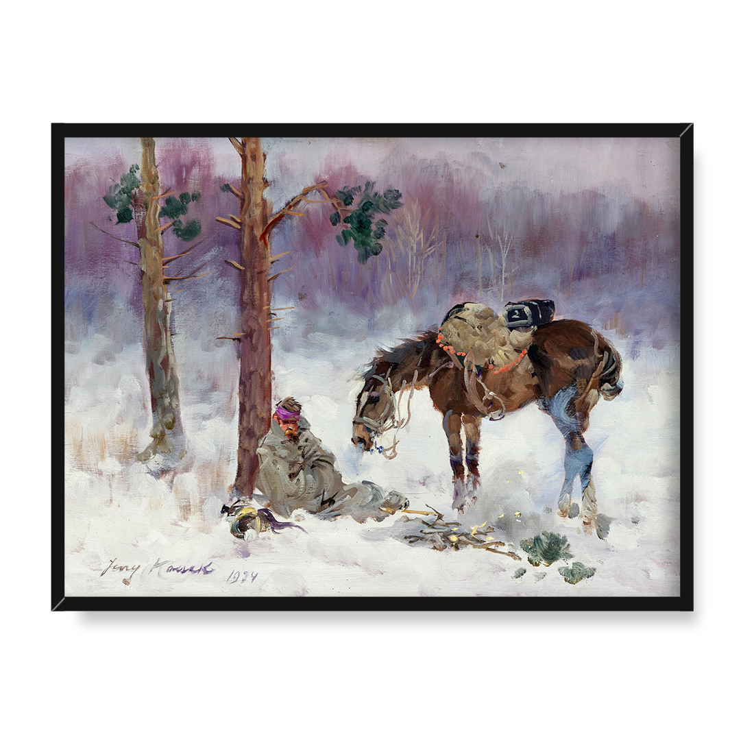 Jerzy Kossak Odpoczywający żołnierz i jego koń 30x40