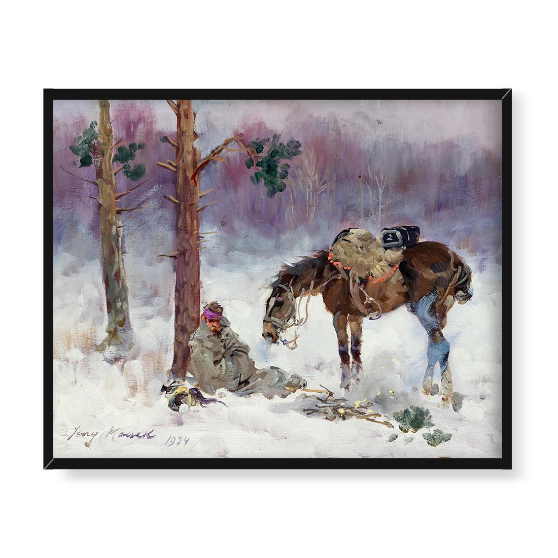 Jerzy Kossak Odpoczywający żołnierz i jego koń 50x40