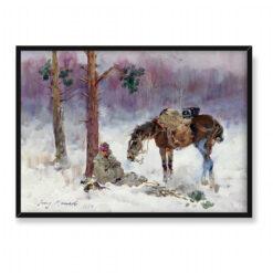 Jerzy Kossak Odpoczywający żołnierz i jego koń 70×50