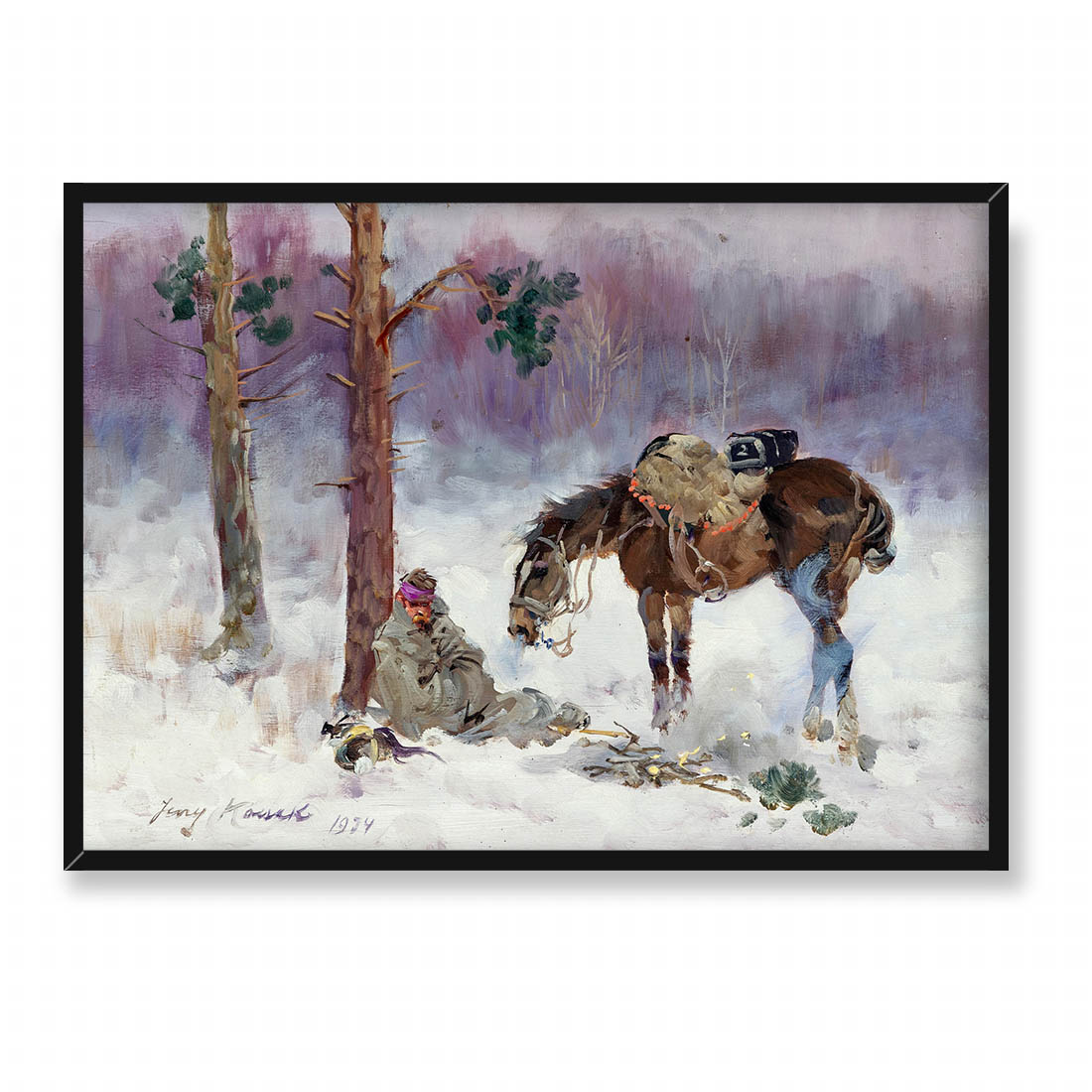 Jerzy Kossak Odpoczywający żołnierz i jego koń 70x50