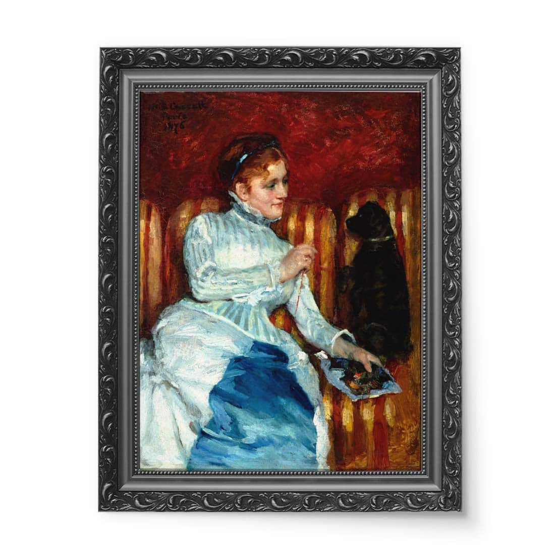 Mary Cassatt Kobieta na sofie w paski z psem wydruk na płótnie 50x70