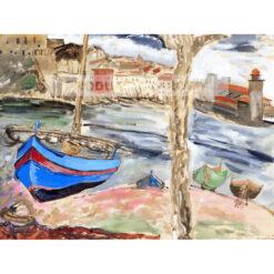 Sigrid Hjerten Motyw śródziemnomorski z niebieską łodzią — produkt cyfrowy do pobrania