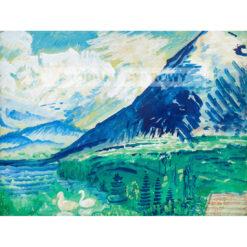 Sigrid Hjerten Południowy pejzaż z górami i parą łabędzi — produkt cyfrowy do pobrania