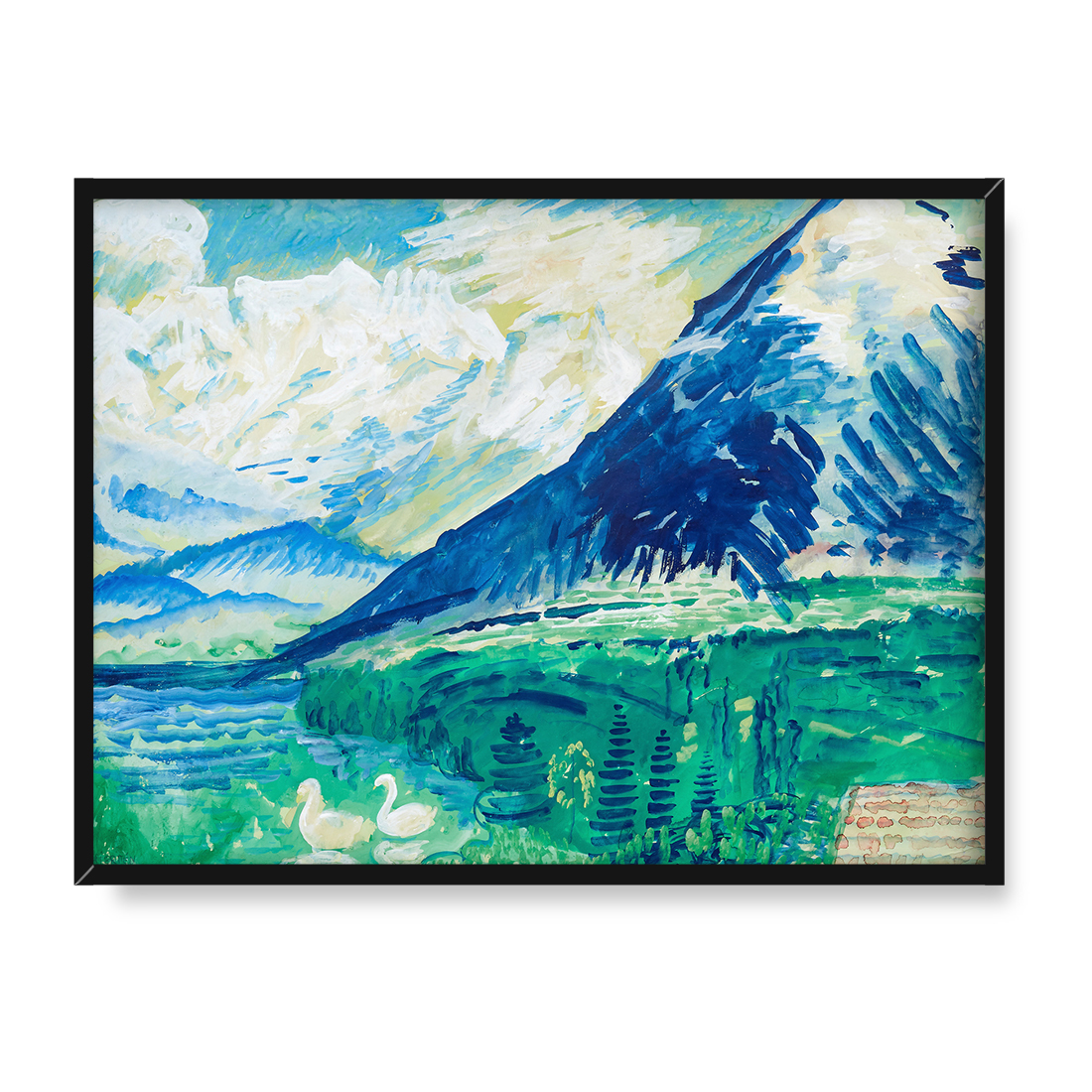 Sigrid Hjerten Południowy pejzaż z górami i parą łabędzi 30x40 w RAMIE