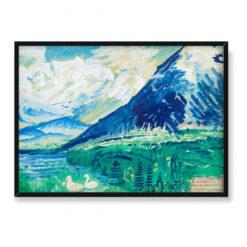 Sigrid Hjerten Południowy pejzaż z górami i parą łabędzi 70×50