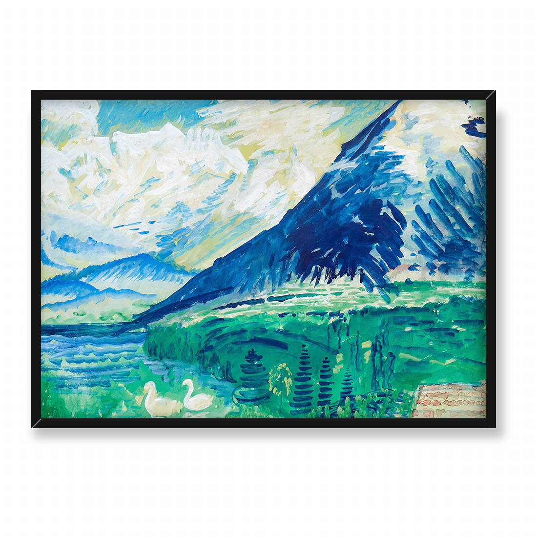 Sigrid Hjerten Południowy pejzaż z górami i parą łabędzi 70x50