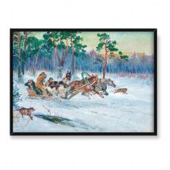 Wojciech Kossak Trójka i wilki w zimowym pejzażu 70×50