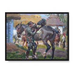 Wojciech Kossak Ułan legionowy siodłający konia 30×40