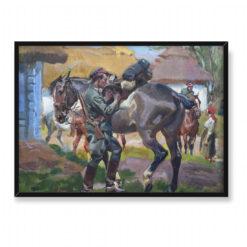 Wojciech Kossak Ułan legionowy siodłający konia 70×50
