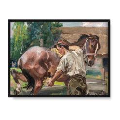 Wojciech Kossak Ułan z koniem w stajni 40×30