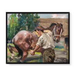 Wojciech Kossak Ułan z koniem w stajni 50×40