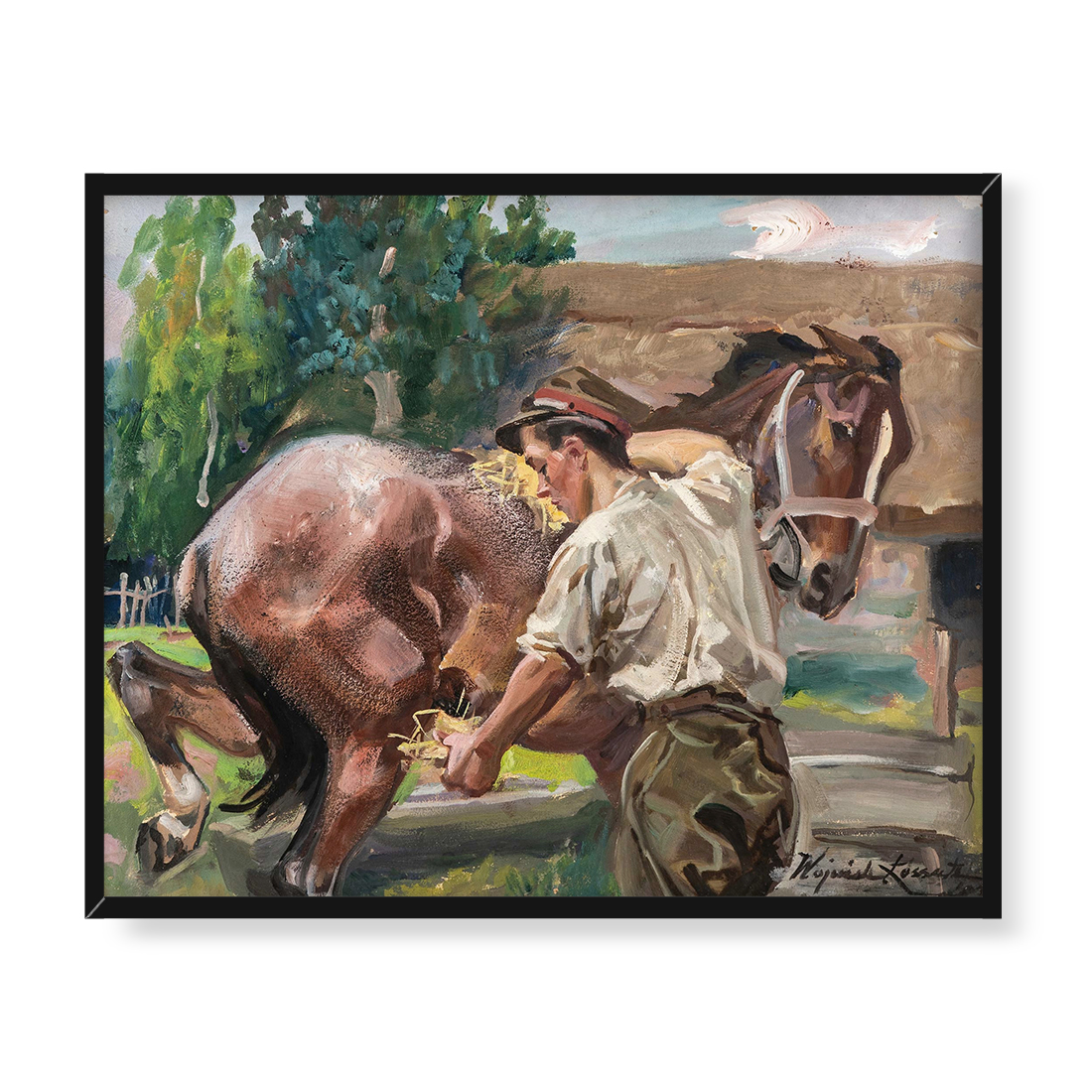 Wojciech Kossak Ułan z koniem w stajni 50x40 w RAMIE