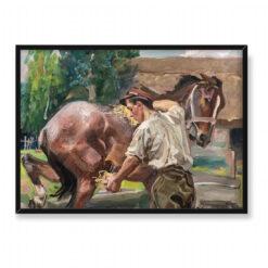 Wojciech Kossak Ułan z koniem w stajni 70×50