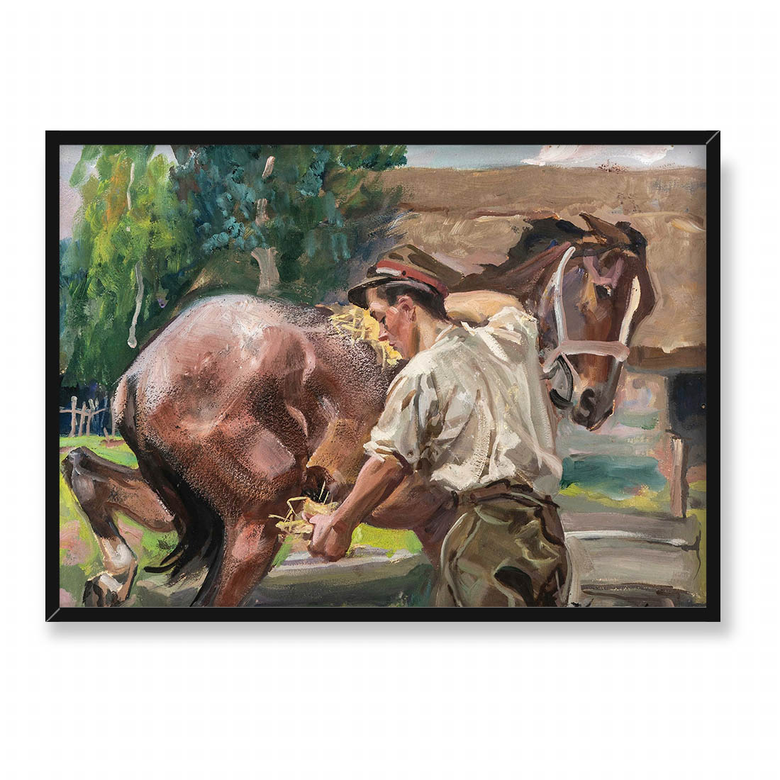 Wojciech Kossak Ułan z koniem w stajni 70x50