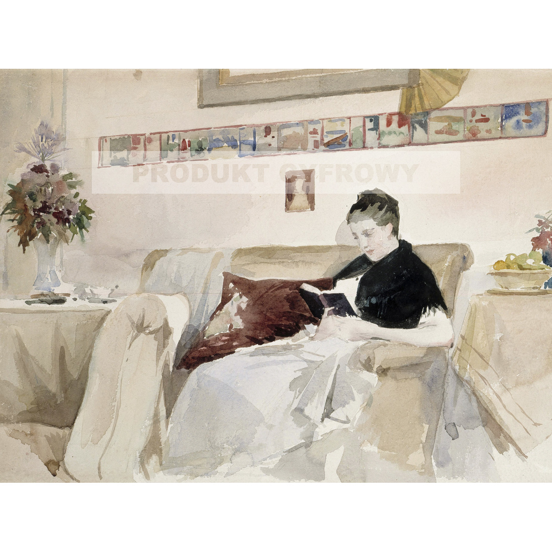 Albert Edelfelt Żona artysty czytająca na sofie — produkt cyfrowy do pobrania