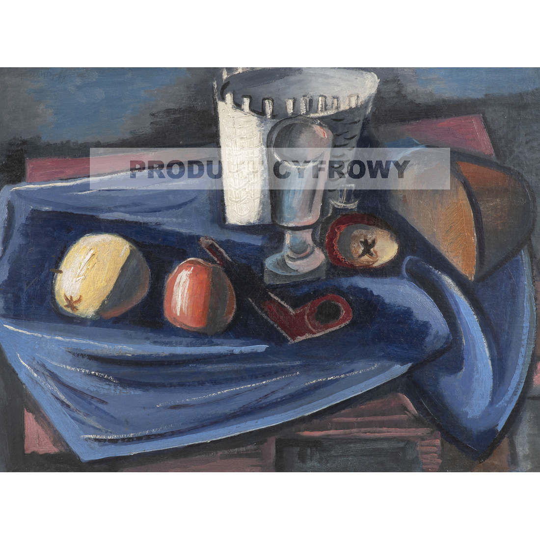 Alfred Justitz Martwa natura z jabłkami chlebem i fajką — produkt cyfrowy do pobrania